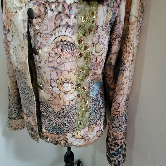 Boho Chic Size 8 Jacket Tan Brown Silk Sequin Jacket Lined Cheetah - Picture 5 of 12